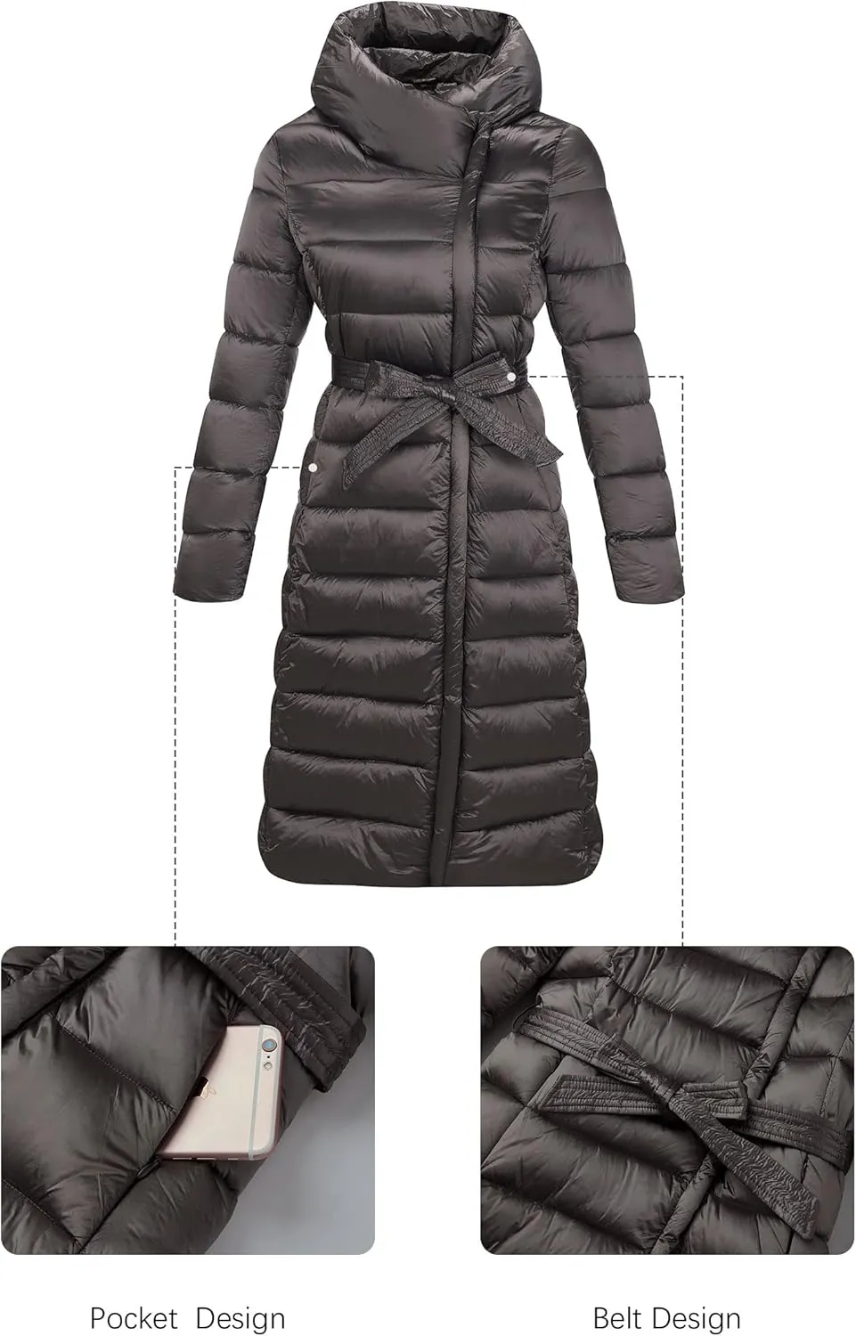 Bellivera Women's Puffer Jacket Lightweight Quilted Hooded Long Down Alternative Coat with Belt