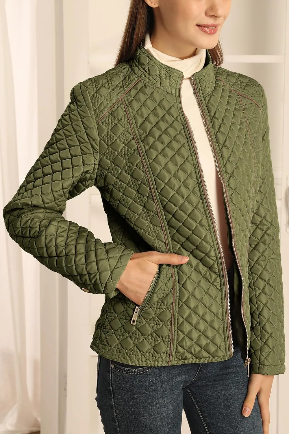 Bellivera Women's Stand Collar Lightweight Quilted Puffer Jacket Padded Zip Coat for Spring and Winter