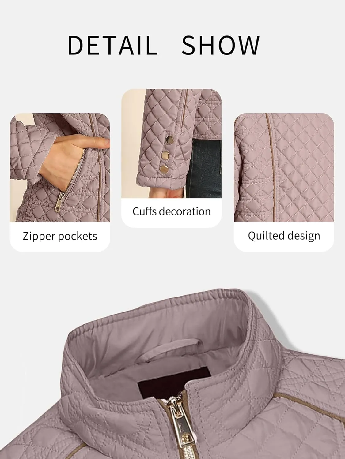 Bellivera Women's Stand Collar Lightweight Quilted Puffer Jacket Padded Zip Coat for Spring and Winter