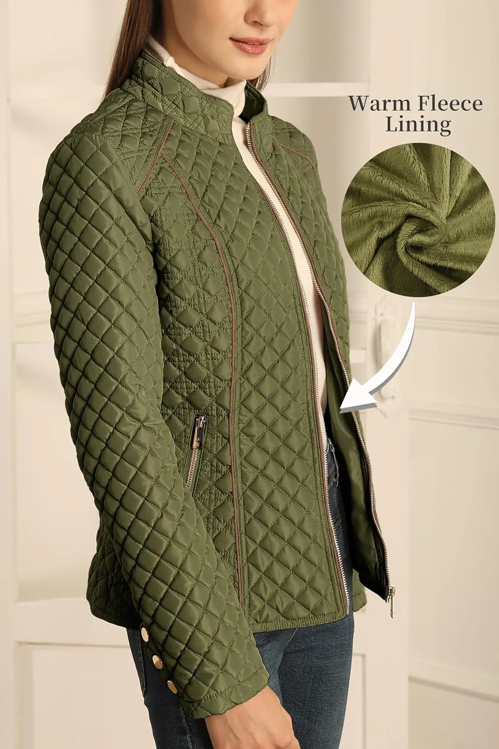 Bellivera Women's Stand Collar Lightweight Quilted Puffer Jacket Padded Zip Coat for Spring and Winter