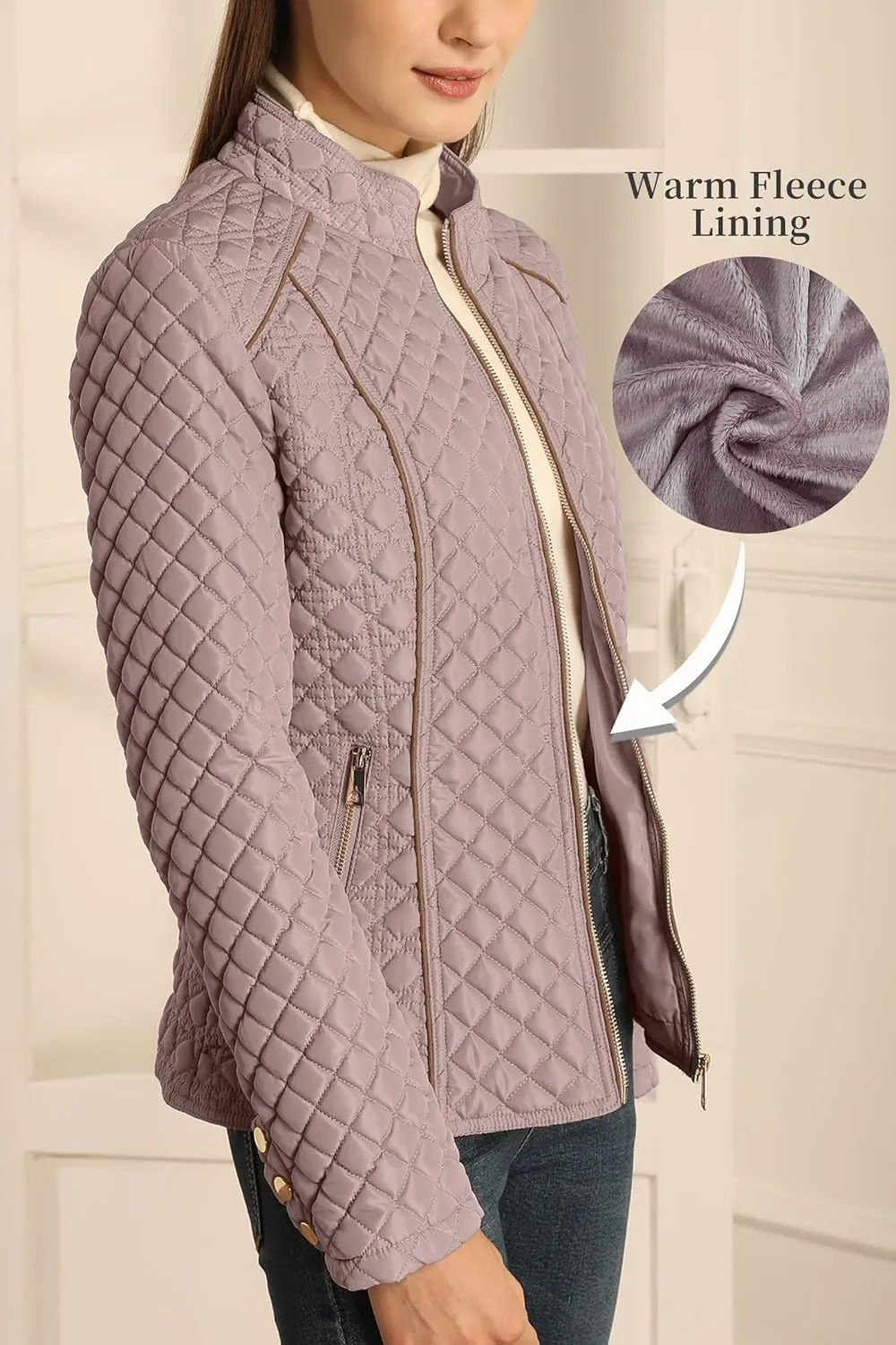 Bellivera Women's Stand Collar Lightweight Quilted Puffer Jacket Padded Zip Coat for Spring and Winter