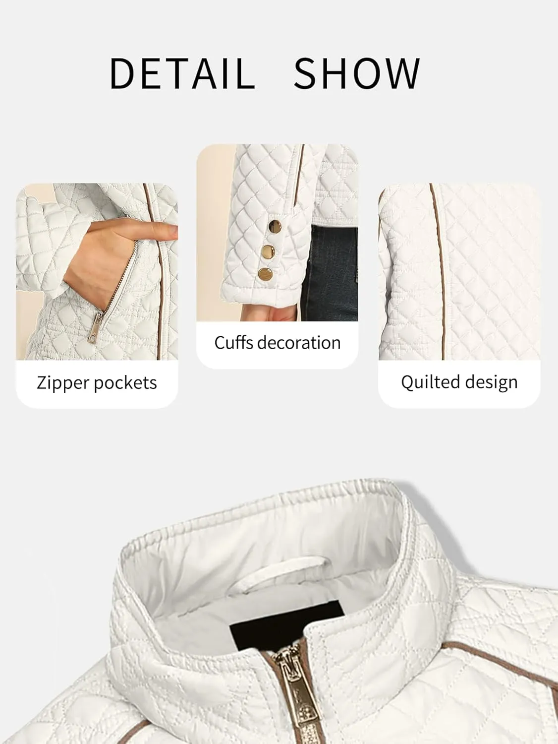 Bellivera Women's Stand Collar Lightweight Quilted Puffer Jacket Padded Zip Coat for Spring and Winter