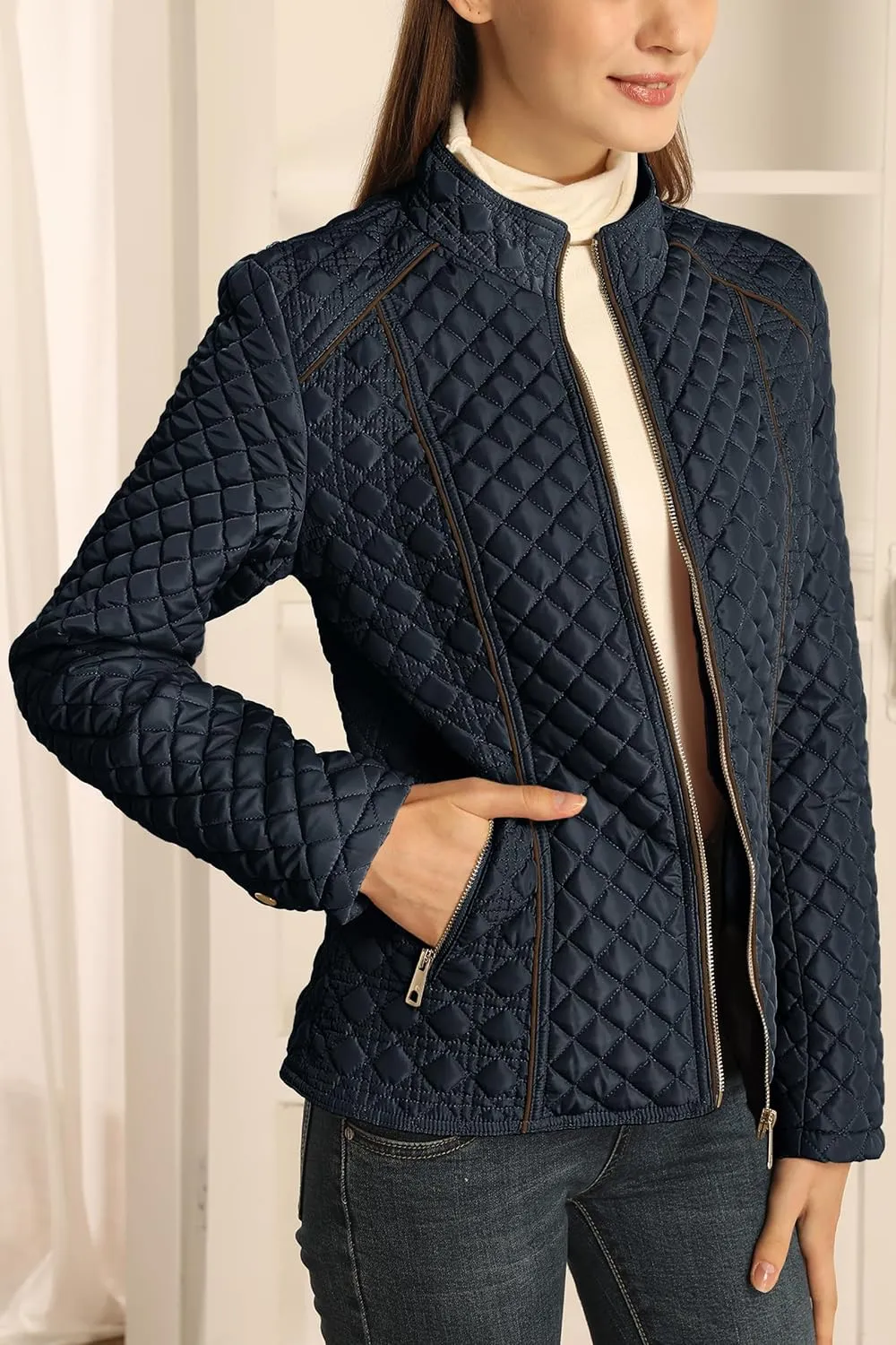 Bellivera Women's Stand Collar Lightweight Quilted Puffer Jacket Padded Zip Coat for Spring and Winter