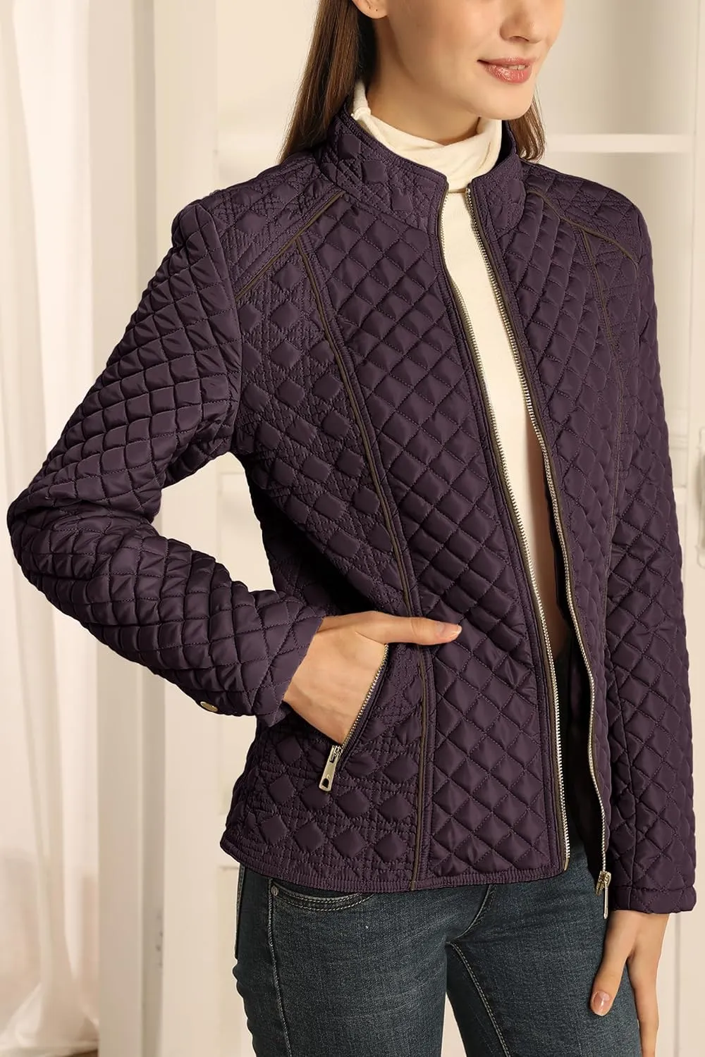 Bellivera Women's Stand Collar Lightweight Quilted Puffer Jacket Padded Zip Coat for Spring and Winter