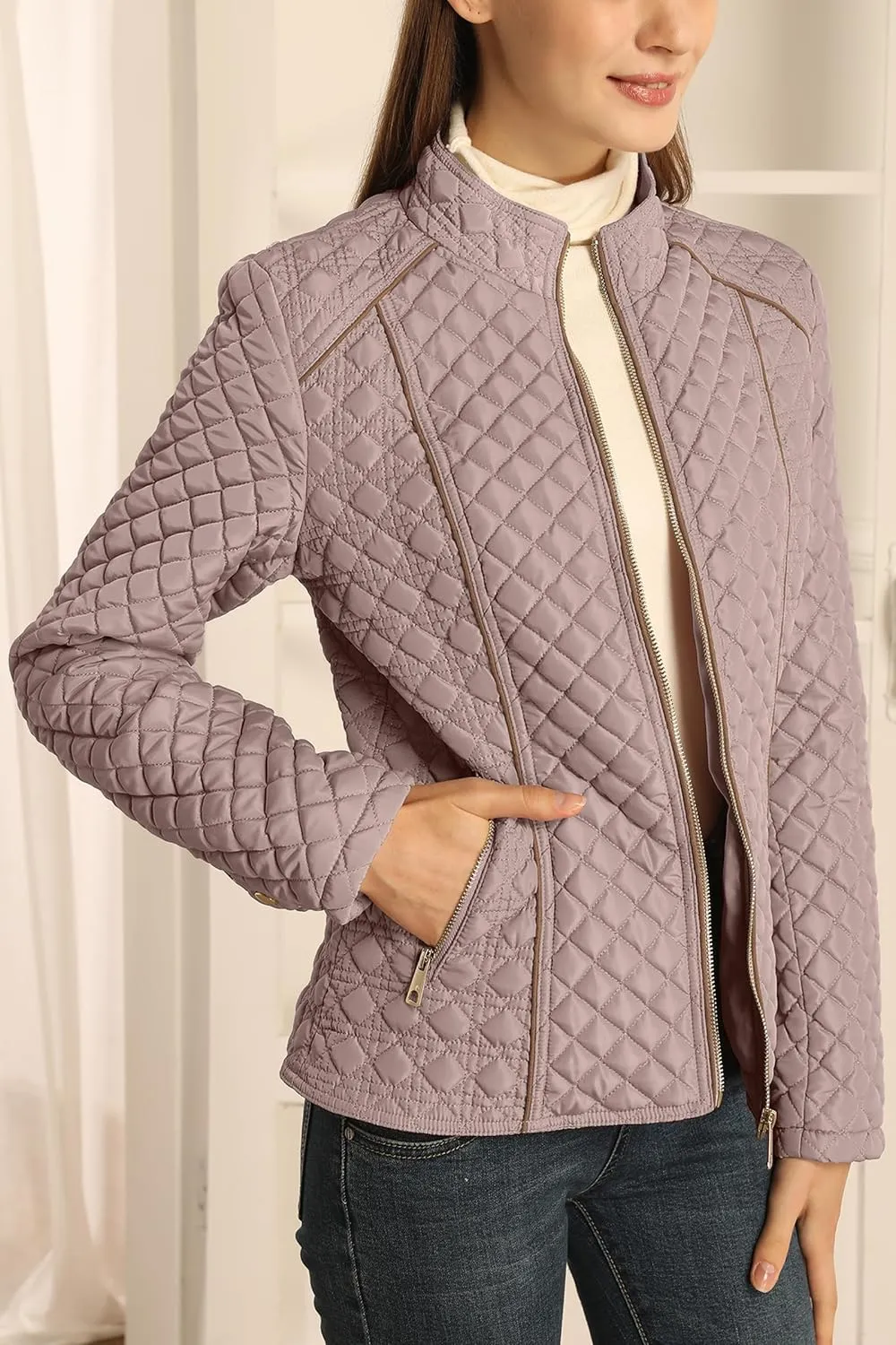 Bellivera Women's Stand Collar Lightweight Quilted Puffer Jacket Padded Zip Coat for Spring and Winter