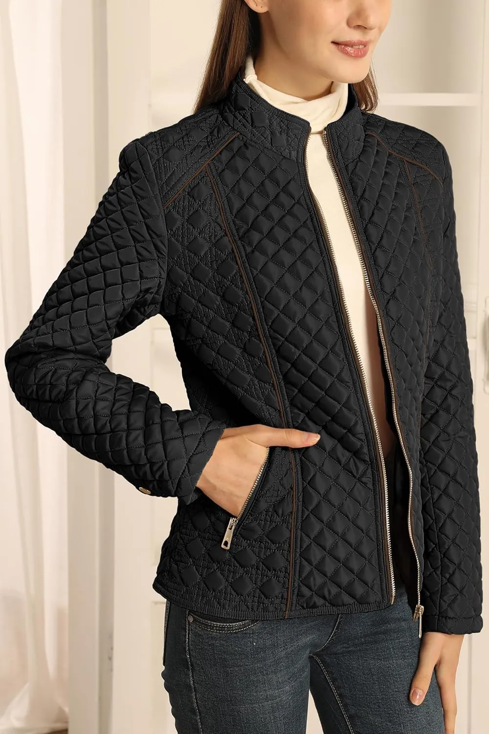 Bellivera Women's Stand Collar Lightweight Quilted Puffer Jacket Padded Zip Coat for Spring and Winter