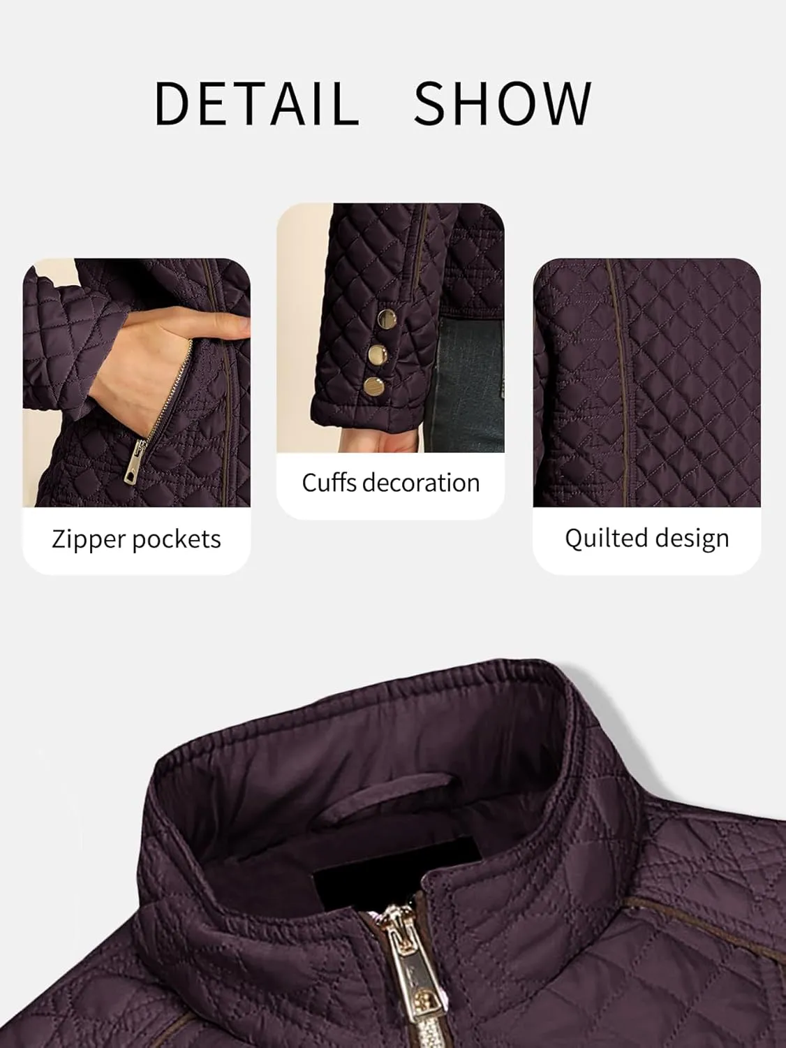 Bellivera Women's Stand Collar Lightweight Quilted Puffer Jacket Padded Zip Coat for Spring and Winter
