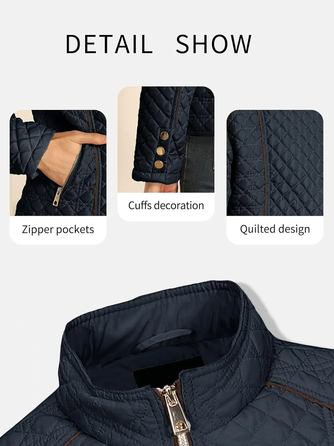 Bellivera Women's Stand Collar Lightweight Quilted Puffer Jacket Padded Zip Coat for Spring and Winter