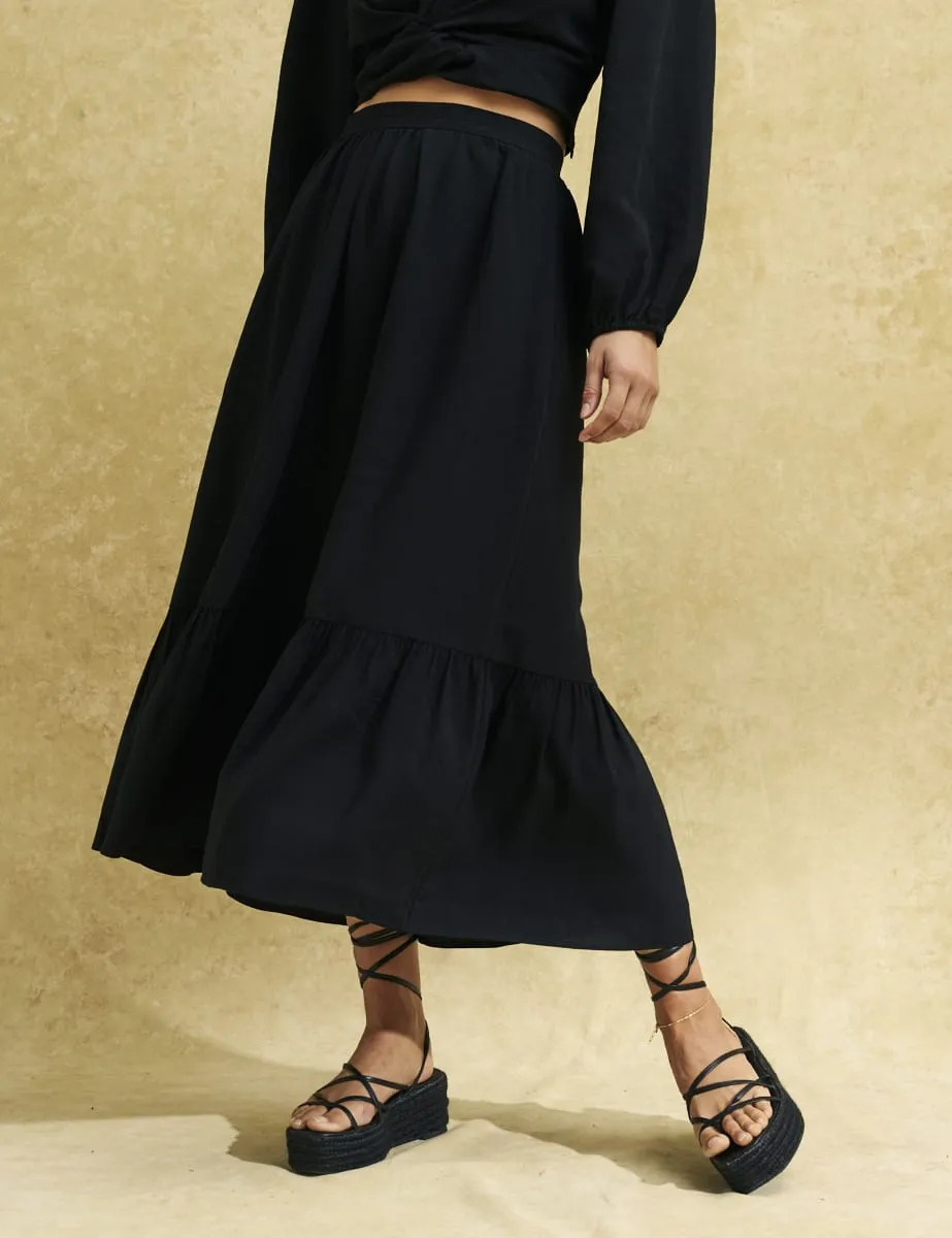 Black Linen-blend Bianca Midi Skirt