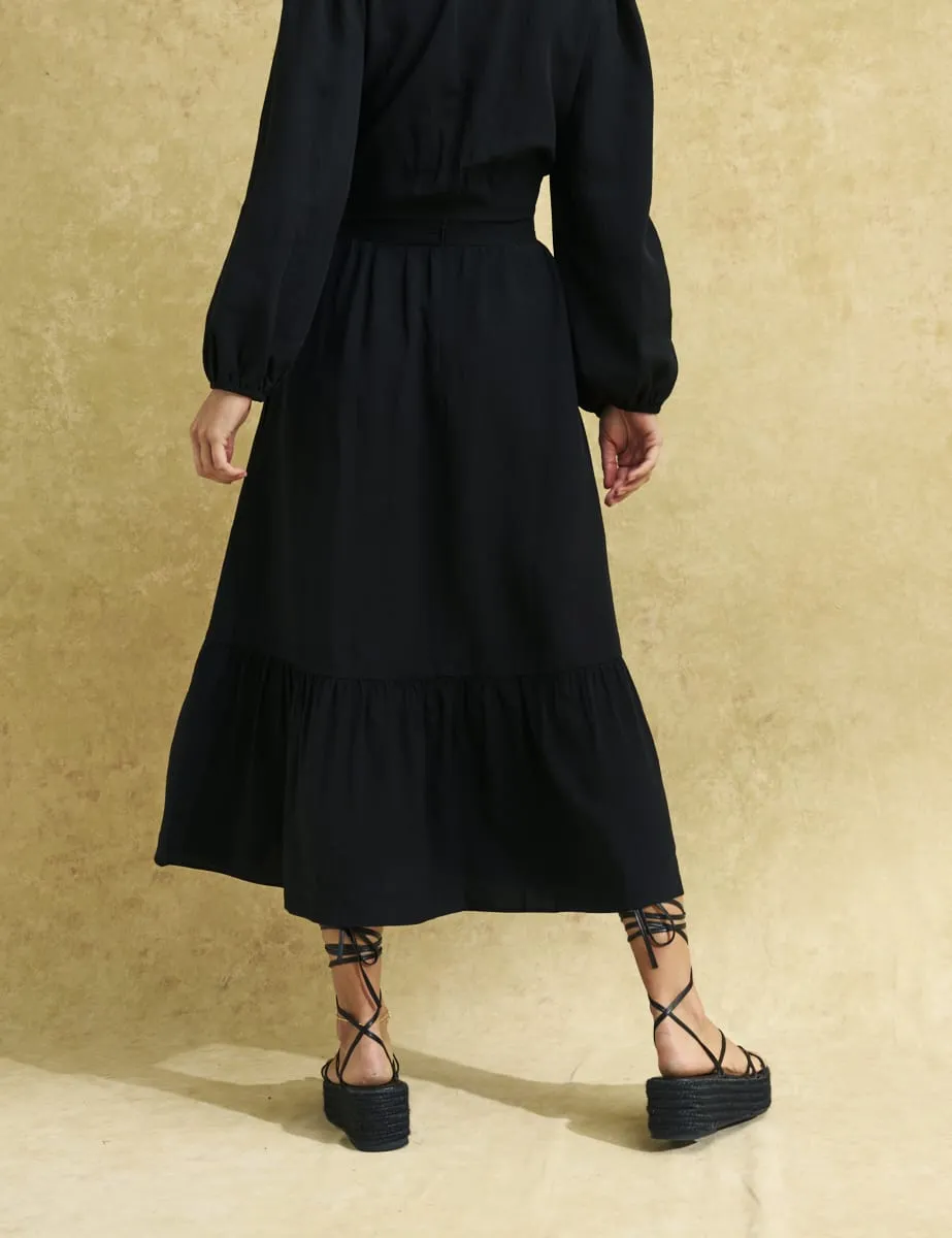 Black Linen-blend Bianca Midi Skirt