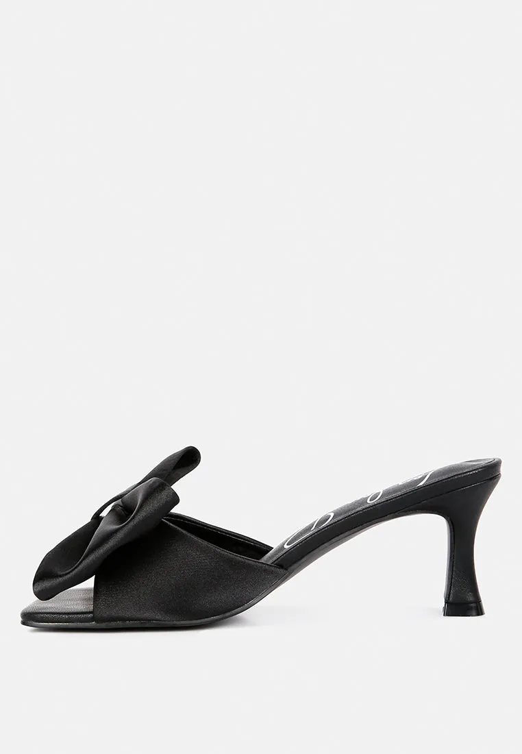 Black Satin Bow Kitten Heel Sandals