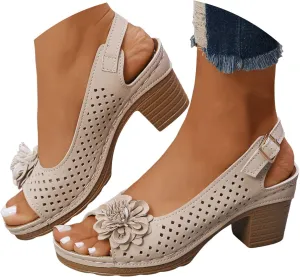 Block Heel Sandals for Women 2025 Open Toe Summer Casual Solid Color Hollow Out Floral Decor Sandals Hollow Out Slingback Chunky Block Heel Cut-Out Party Dress Wedding Dance Shoes