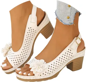 Block Heel Sandals for Women 2025 Open Toe Summer Casual Solid Color Hollow Out Floral Decor Sandals Hollow Out Slingback Chunky Block Heel Cut-Out Party Dress Wedding Dance Shoes