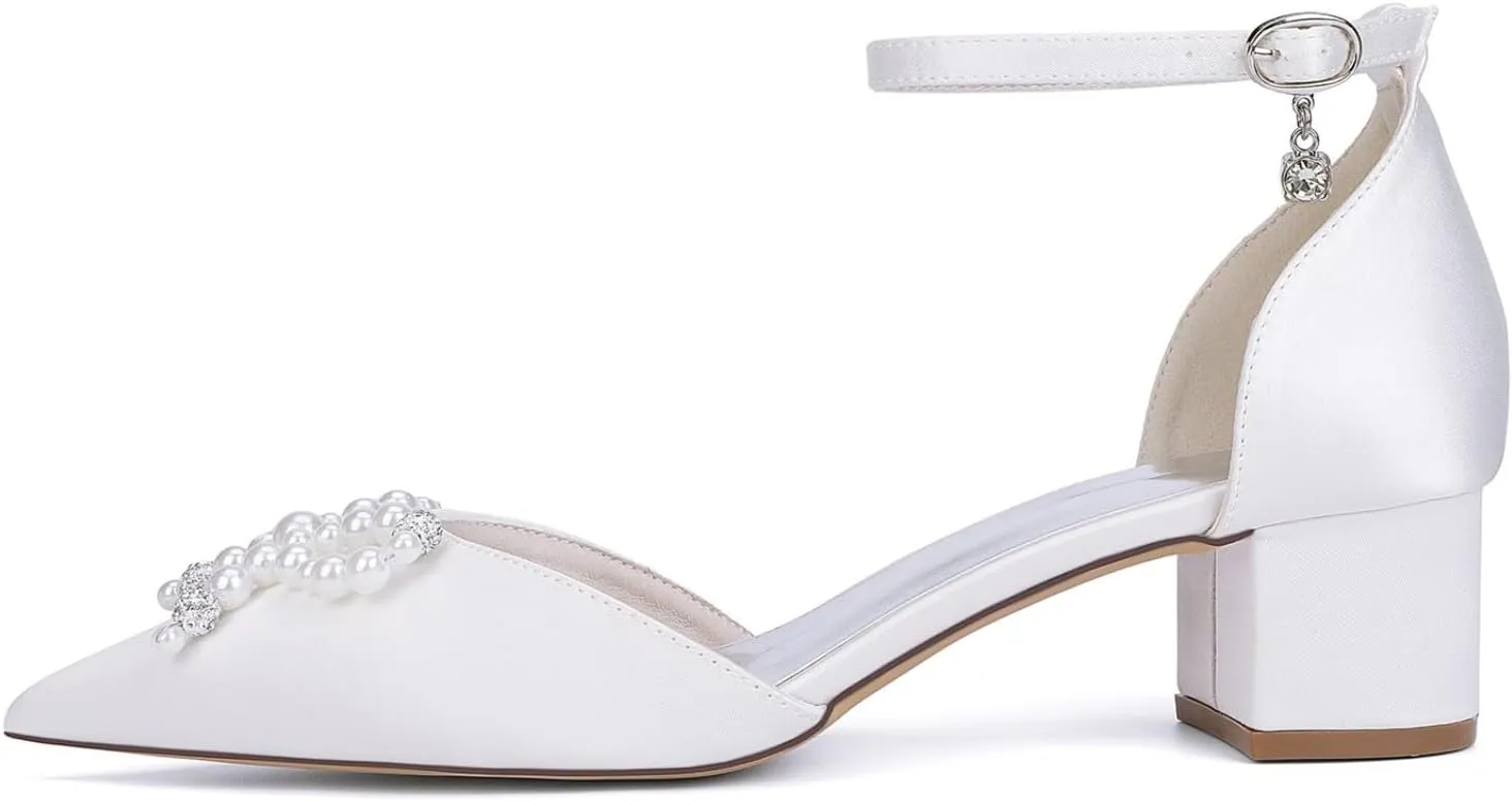 Block Heel Wedding Shoes Bride Satin Bridal Pointed Toe Low Heels Closed Toe Wedding Heels 4.5Cm