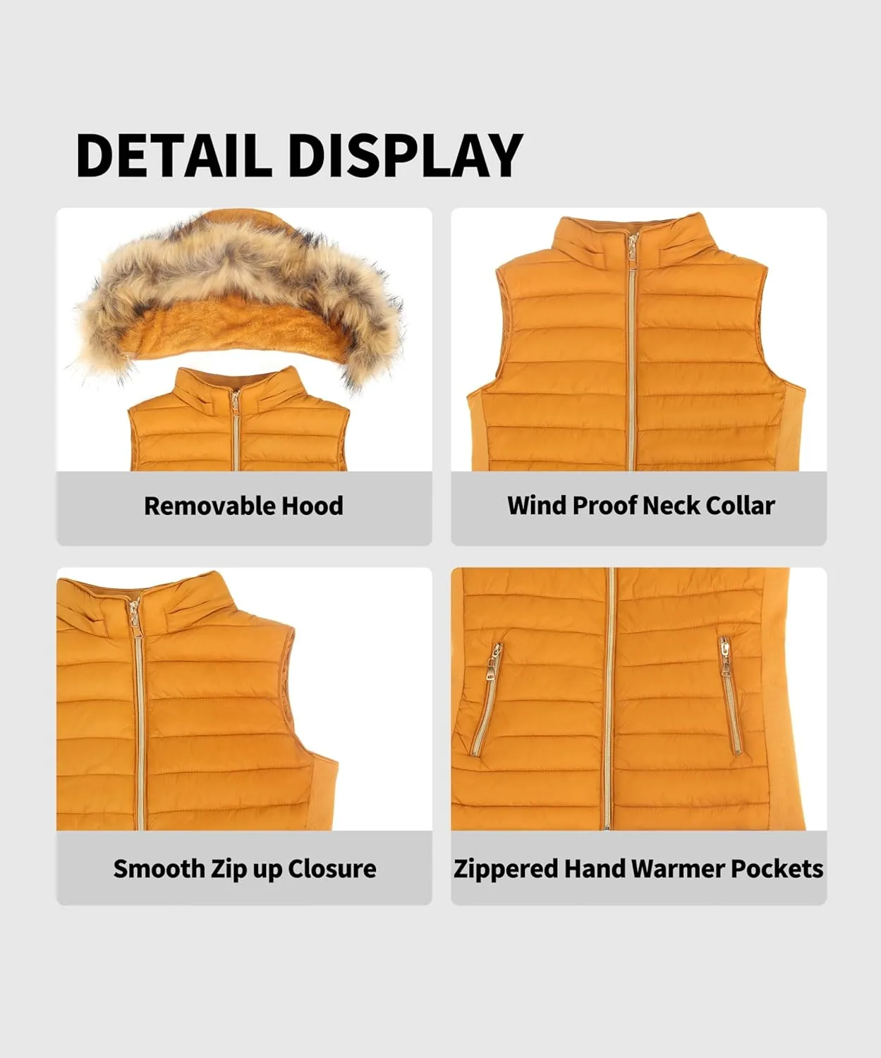 BodiLove Women's Zipper Cuffed Sleeve Neckline Padded Quilted Faux Fur Hooded Vest