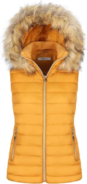 BodiLove Women's Zipper Cuffed Sleeve Neckline Padded Quilted Faux Fur Hooded Vest