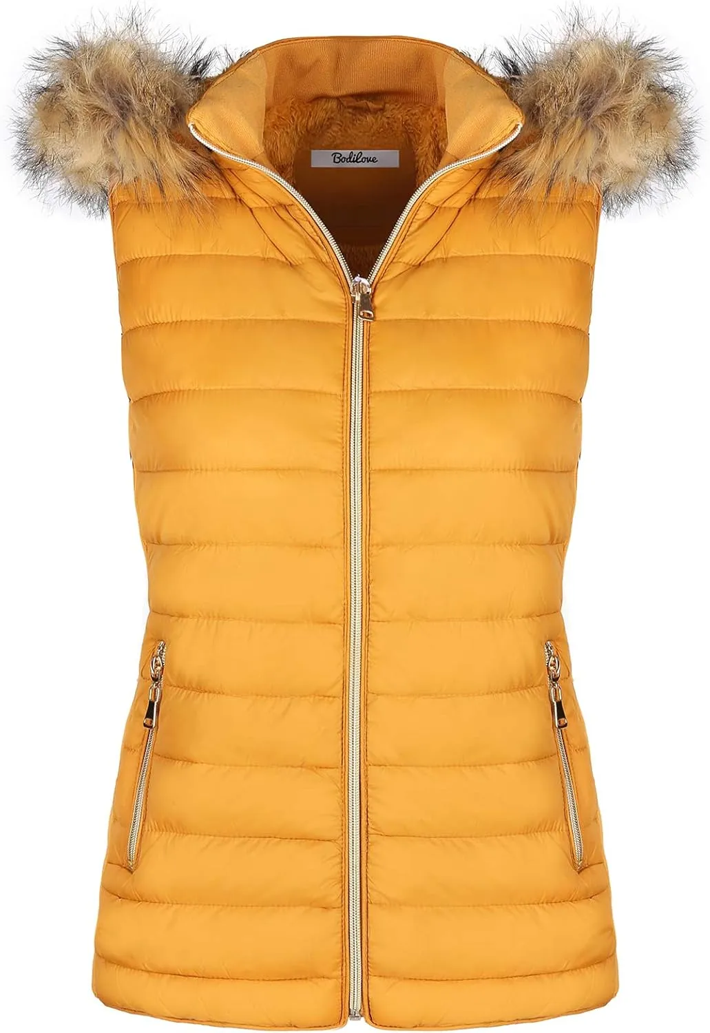 BodiLove Women's Zipper Cuffed Sleeve Neckline Padded Quilted Faux Fur Hooded Vest