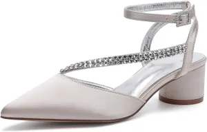 Bridal Shoes Low Heel Rhinestones Satin Strappy Wedding Shoes 4.5CM Pointed Closed Toe Women Party Ankle Strap Sandals Pumps for Prom,Champagne,7