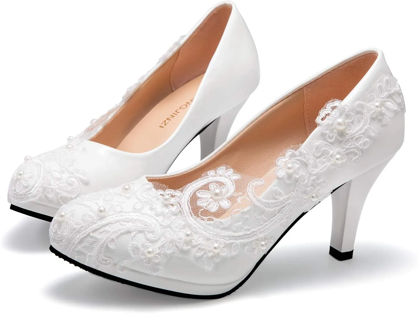 Bridal Wedding Shoes Closed Toe Dress Pumps Stiletto Heel with Stitching Lace