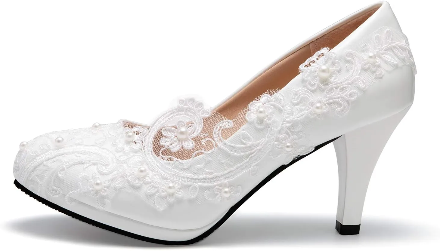 Bridal Wedding Shoes Closed Toe Dress Pumps Stiletto Heel with Stitching Lace
