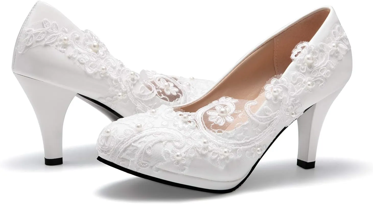 Bridal Wedding Shoes Closed Toe Dress Pumps Stiletto Heel with Stitching Lace