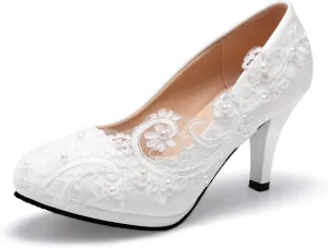 Bridal Wedding Shoes Closed Toe Dress Pumps Stiletto Heel with Stitching Lace