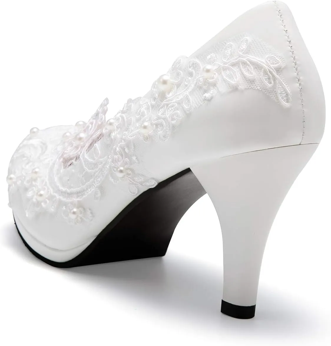Bridal Wedding Shoes Closed Toe Dress Pumps Stiletto Heel with Stitching Lace