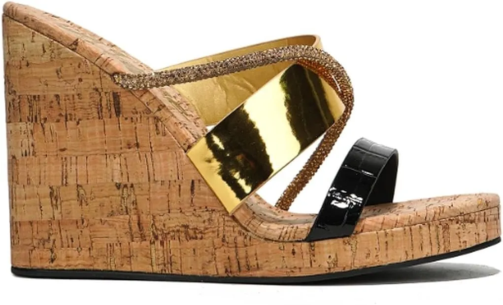 Cape Robbin Women's Rhinestone Cork Clear Platform Slip on Wedge Heels Sandals
