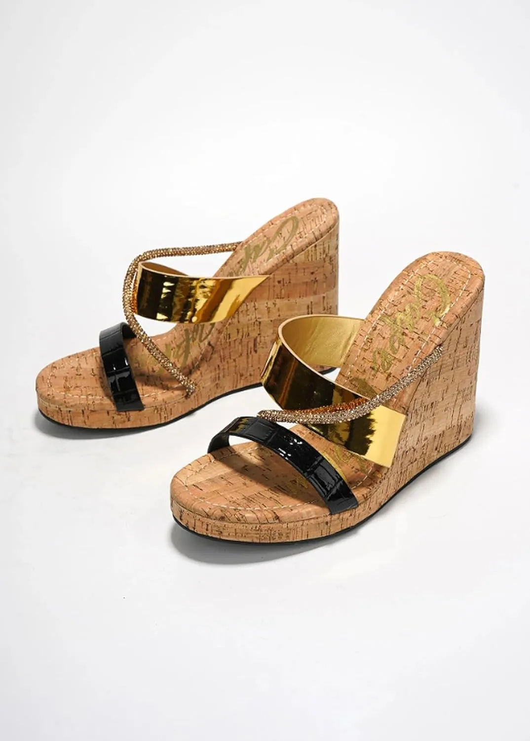 Cape Robbin Women's Rhinestone Cork Clear Platform Slip on Wedge Heels Sandals