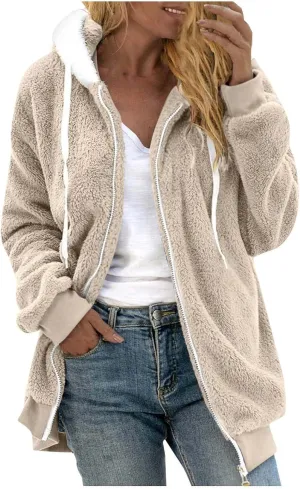 Casual Full Zip Sherpa Hoodies for Women Fleece Warm Soft Oversized Sweatshirts Drawstring Long Sleeve Winter Jackets