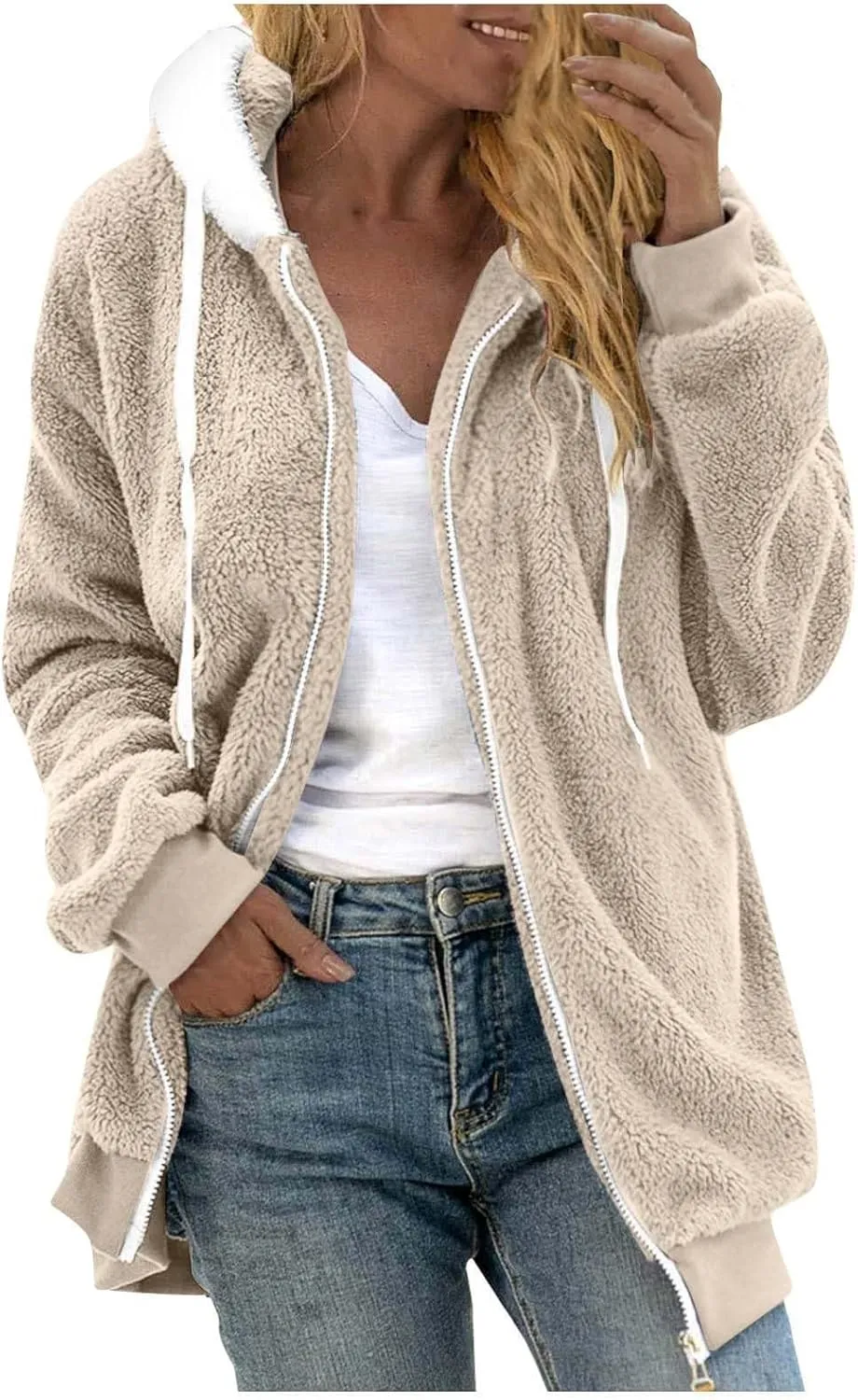 Casual Full Zip Sherpa Hoodies for Women Fleece Warm Soft Oversized Sweatshirts Drawstring Long Sleeve Winter Jackets