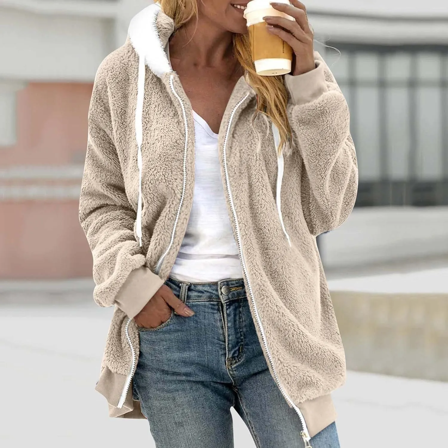 Casual Full Zip Sherpa Hoodies for Women Fleece Warm Soft Oversized Sweatshirts Drawstring Long Sleeve Winter Jackets