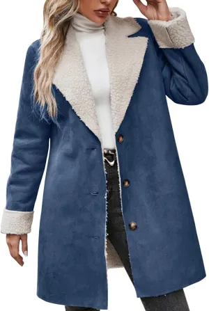 chouyatou Women's Winter Sherpa Lined Faux Suede Leather Jacket Oversized Notch Lapel Mid Long Overcoat