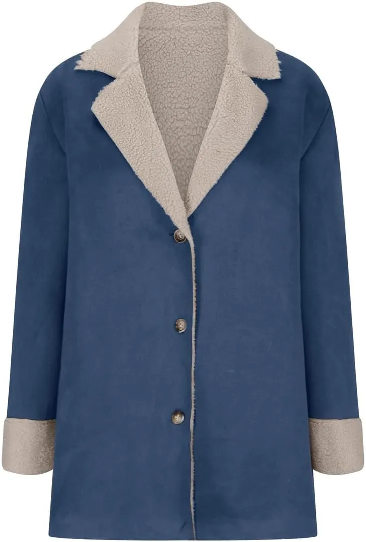 chouyatou Women's Winter Sherpa Lined Faux Suede Leather Jacket Oversized Notch Lapel Mid Long Overcoat
