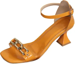 Chunky Heeled Sandals for Women Two Strap Square Toe Ankle Strap Arch Support Slides Adjustable Buckle Wedding Party