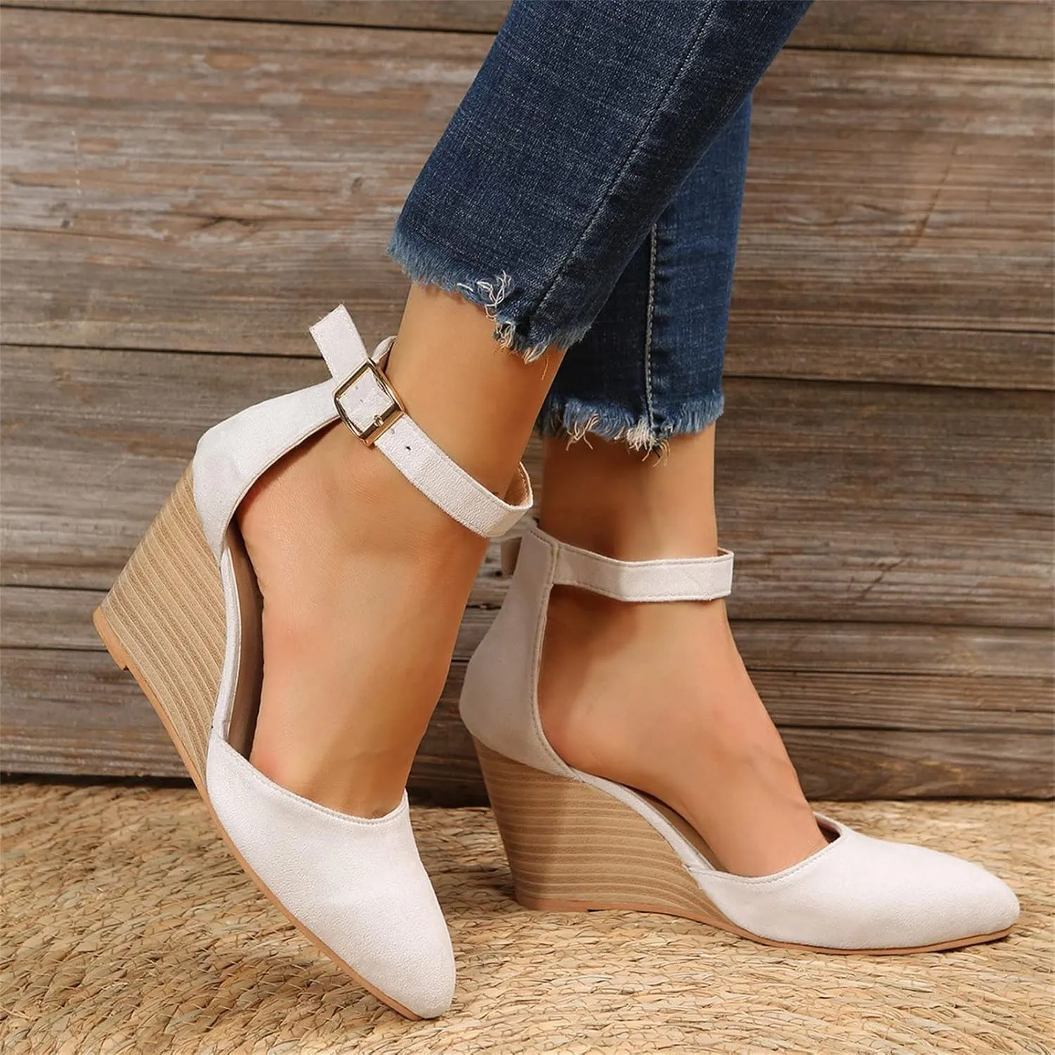 Closed Toe Wedges Heels for Women Dressy Summer 2025,Women's Pointed Toe Platform Wedge Ankle Strap Espadrilles Sandals Ladies Comfortable Summer Dress Shoes for Beach Wedding