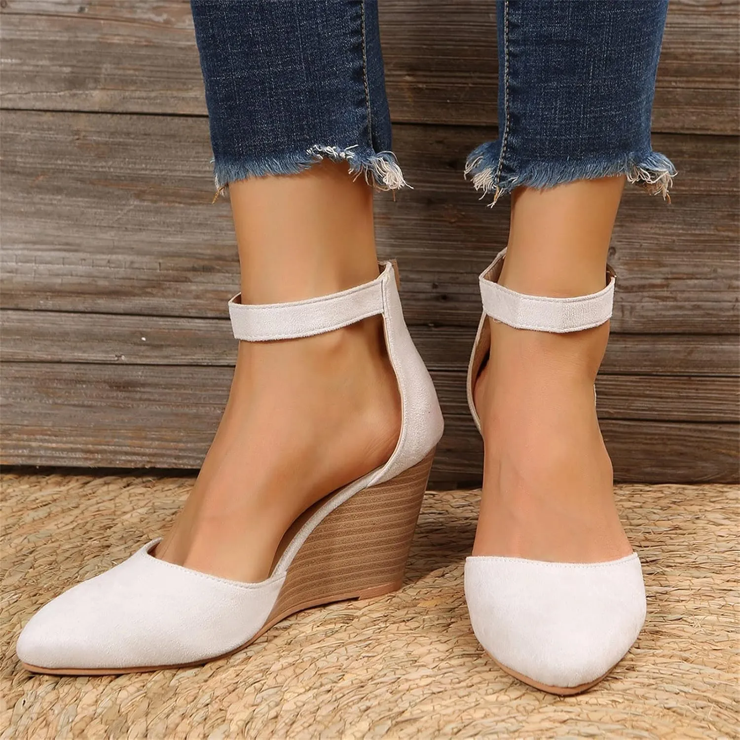 Closed Toe Wedges Heels for Women Dressy Summer 2025,Women's Pointed Toe Platform Wedge Ankle Strap Espadrilles Sandals Ladies Comfortable Summer Dress Shoes for Beach Wedding