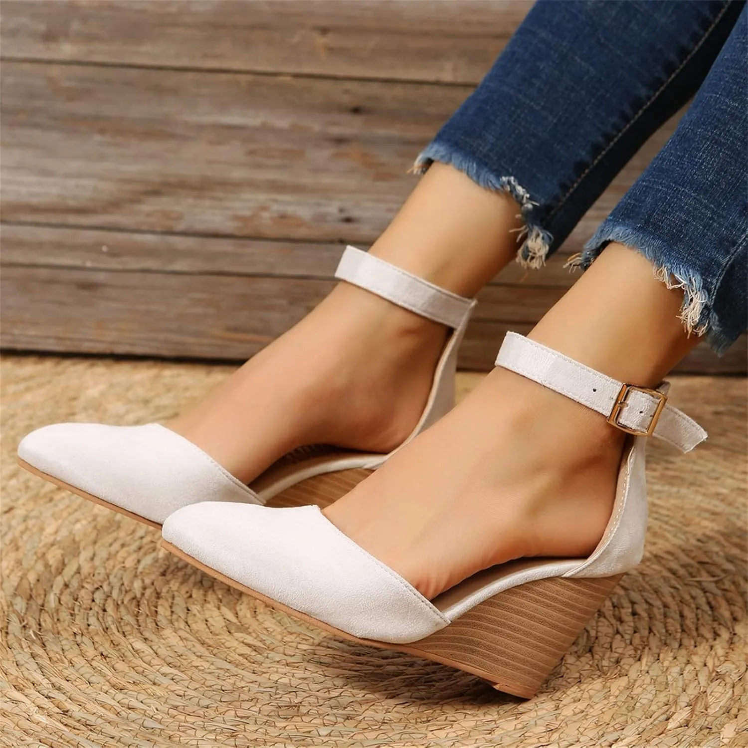 Closed Toe Wedges Heels for Women Dressy Summer 2025,Women's Pointed Toe Platform Wedge Ankle Strap Espadrilles Sandals Ladies Comfortable Summer Dress Shoes for Beach Wedding