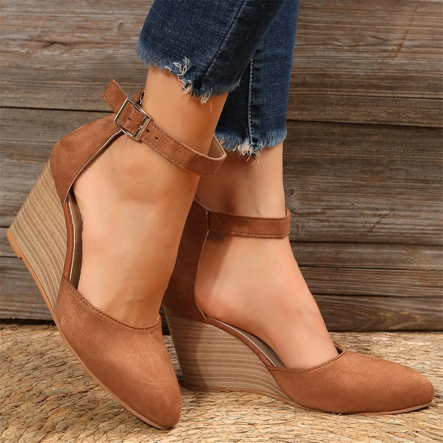 Closed Toe Wedges Heels for Women Dressy Summer 2025,Women's Pointed Toe Platform Wedge Ankle Strap Espadrilles Sandals Ladies Comfortable Summer Dress Shoes for Beach Wedding
