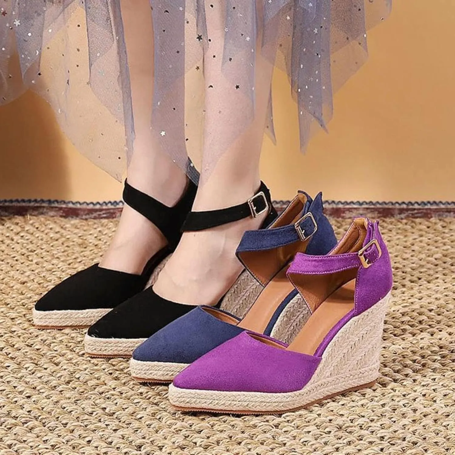 Closed Toe Wedges Heels for Women Dressy Summer 2025,Women's Pointed Toe Platform Wedge Ankle Strap Espadrilles Sandals Ladies Comfortable Summer Dress Shoes for Beach Wedding
