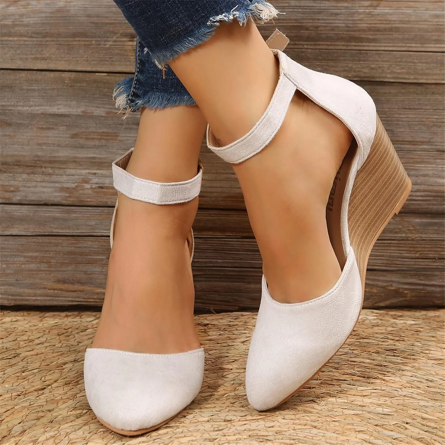 Closed Toe Wedges Heels for Women Dressy Summer 2025,Women's Pointed Toe Platform Wedge Ankle Strap Espadrilles Sandals Ladies Comfortable Summer Dress Shoes for Beach Wedding
