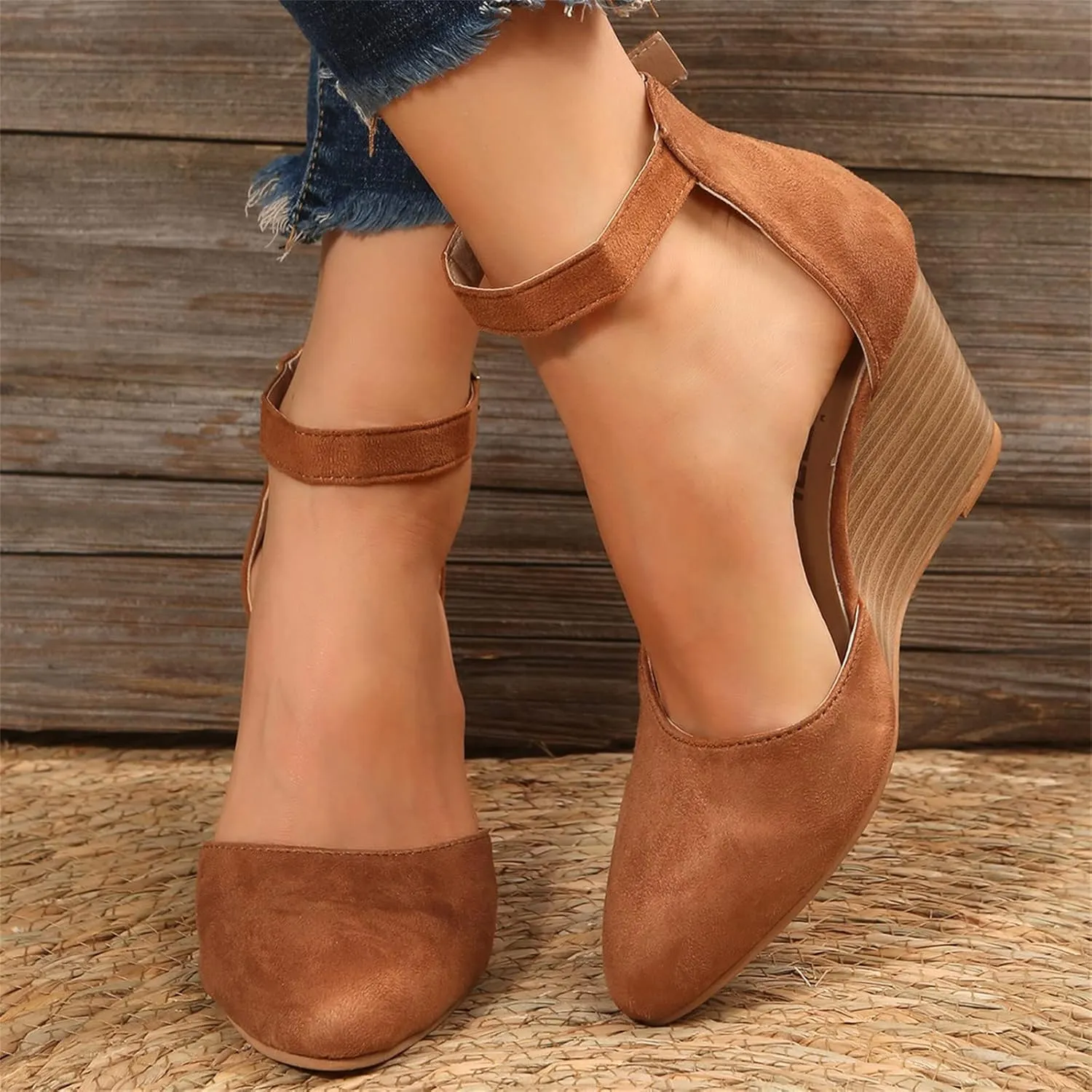 Closed Toe Wedges Heels for Women Dressy Summer 2025,Women's Pointed Toe Platform Wedge Ankle Strap Espadrilles Sandals Ladies Comfortable Summer Dress Shoes for Beach Wedding