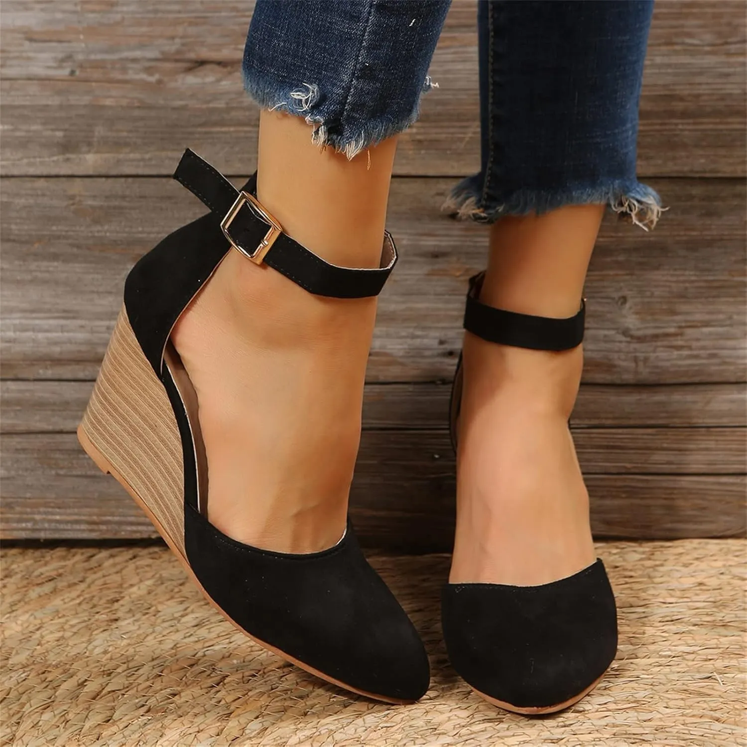 Closed Toe Wedges Heels for Women Dressy Summer 2025,Women's Pointed Toe Platform Wedge Ankle Strap Espadrilles Sandals Ladies Comfortable Summer Dress Shoes for Beach Wedding