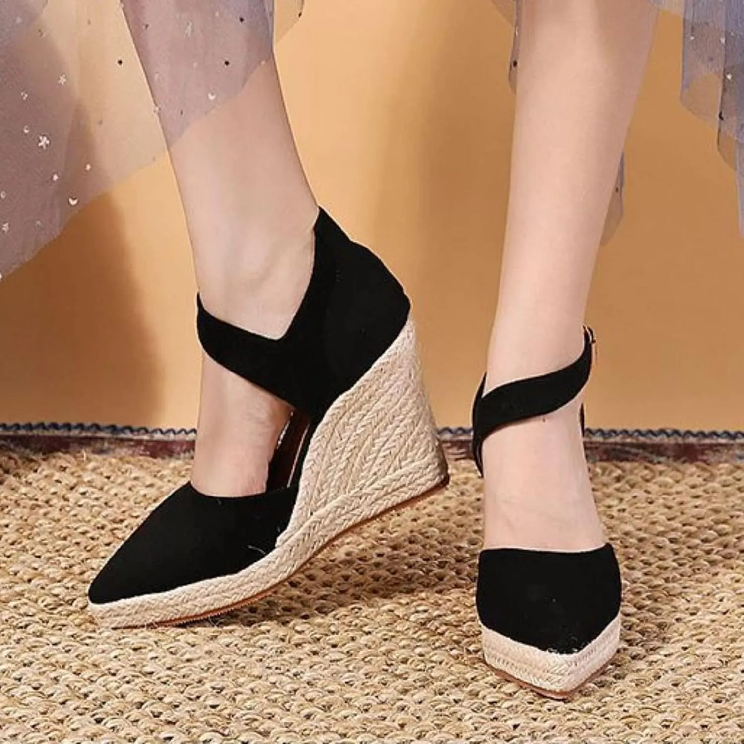 Closed Toe Wedges Heels for Women Dressy Summer 2025,Women's Pointed Toe Platform Wedge Ankle Strap Espadrilles Sandals Ladies Comfortable Summer Dress Shoes for Beach Wedding