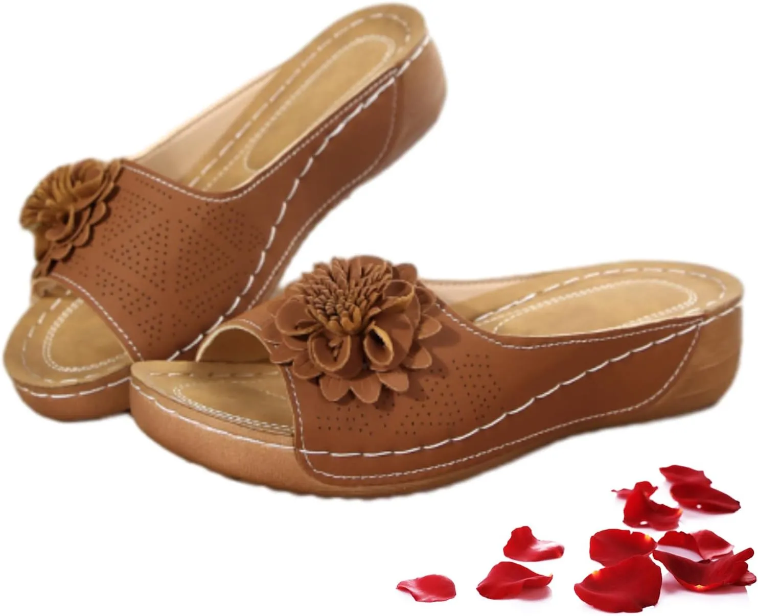 Comfortable Non-Slip Solid Color Open-Toe Wedge Sandals for Women, Flower Wedge Sandals Women Summer Mesh Breathable Open Toe Slip On Slides