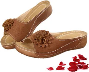 Comfortable Non-Slip Solid Color Open-Toe Wedge Sandals for Women, Flower Wedge Sandals Women Summer Mesh Breathable Open Toe Slip On Slides