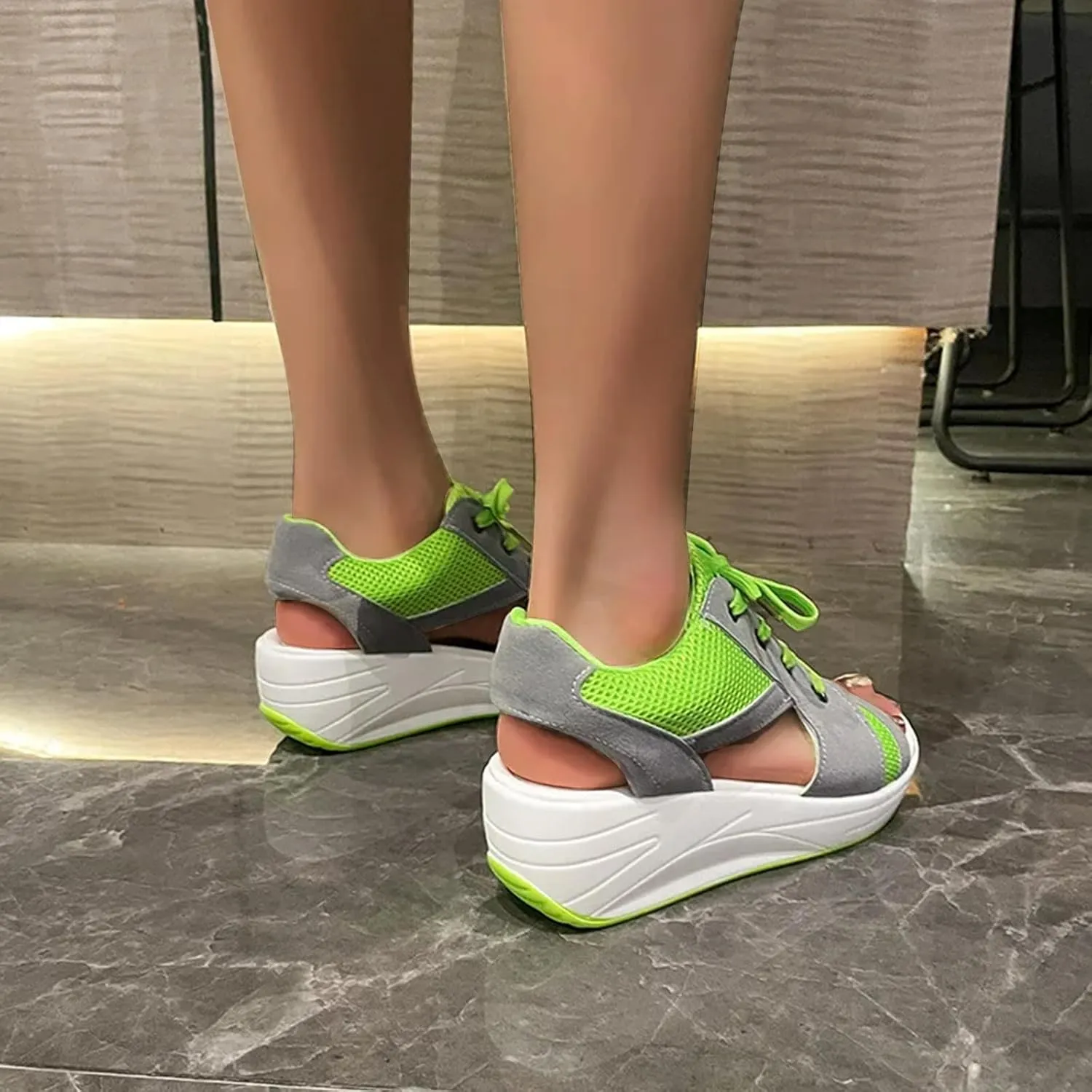 Contrast Paneled Cutout Lace-up Muffin Sandals 2025 New Summer Causal Lace-Up Peep Toe Platform Wedge Sandals Contrasting Color Stitching Hollow Strap Wedges Lace Up Shoes Sandal