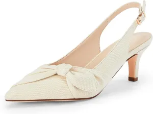 Coutgo Womens Bow Heels Slingback Pumps Low Kitten Heels Closed Pointed Toe Sandals Denim Dress Shoes
