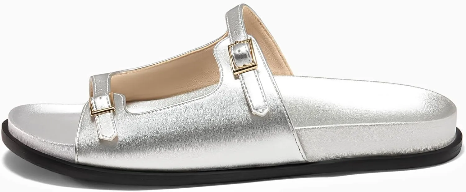 Coutgo Womens Flat Sandals Comfortable Wide Width Slides Double Strap Adjustable Buckle Slip on Shoes