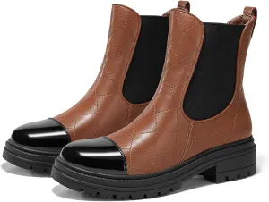 Coutgo Womens Platform Chelsea Boots Low Heel Lug Sole Ankle Booties Quilted Two Tone Pull on Winter Shoes